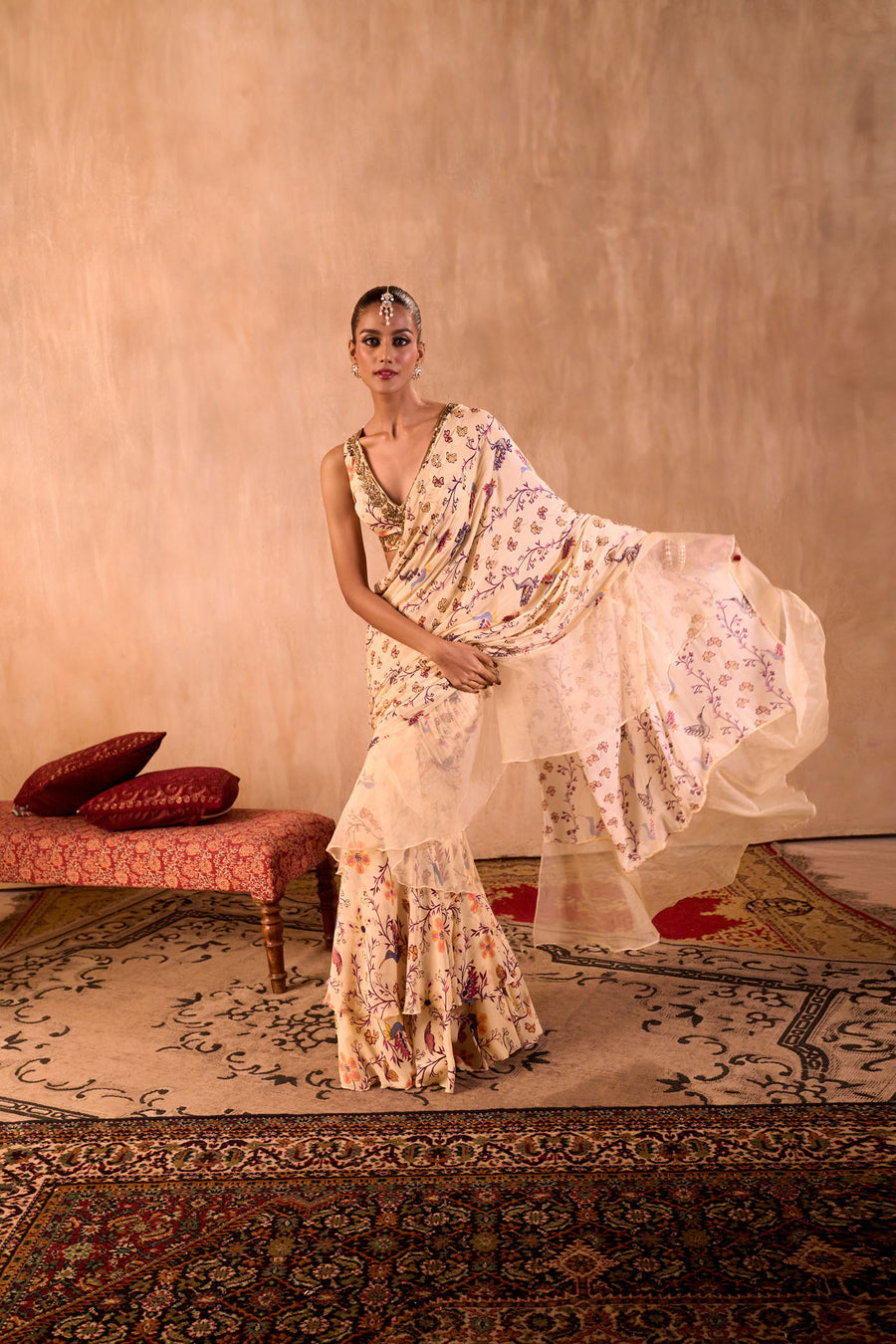 Ivory Print Embroidered Choli With Pre Draped Ruffle Sari Set