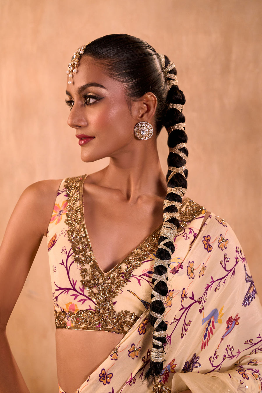 Ivory Print Embroidered Choli With Pre Draped Ruffle Sari Set