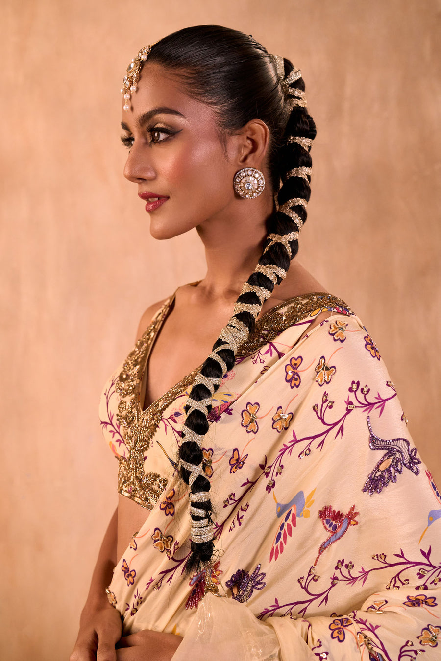 Ivory Print Embroidered Choli With Pre Draped Ruffle Sari Set