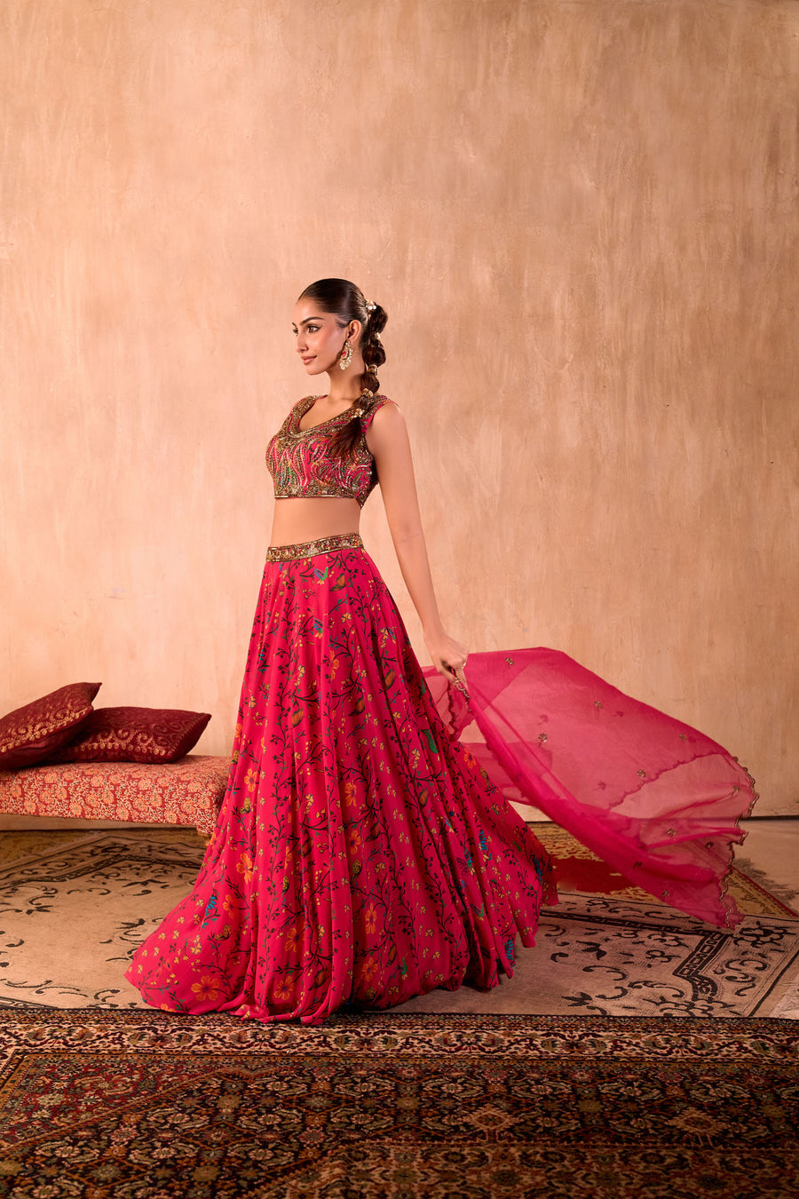 Pink Print Embroidered Choli, Lehenga And Dupatta Set