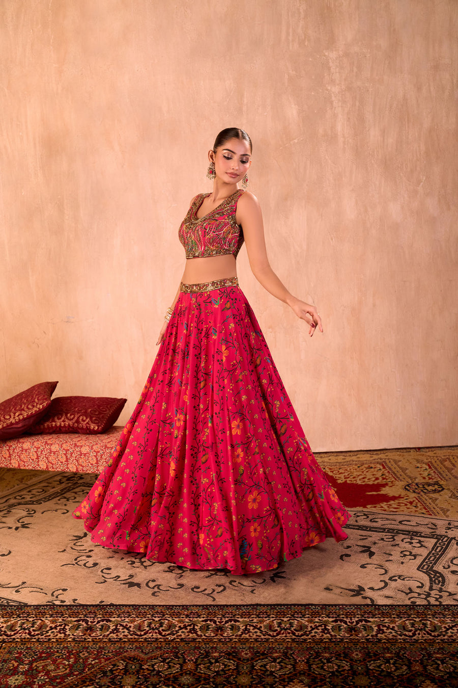 Pink Print Embroidered Choli, Lehenga And Dupatta Set