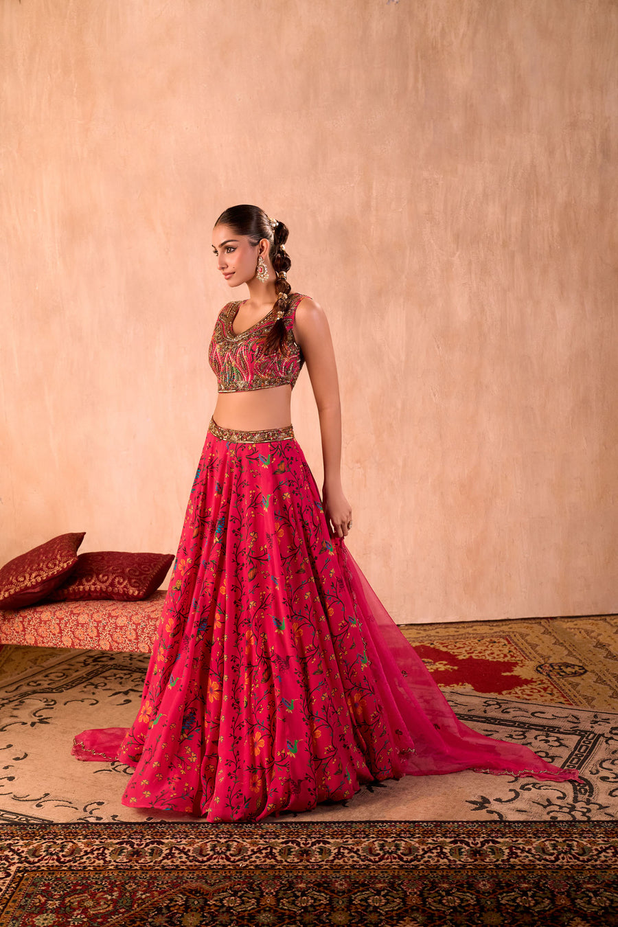 Pink Print Embroidered Choli, Lehenga And Dupatta Set