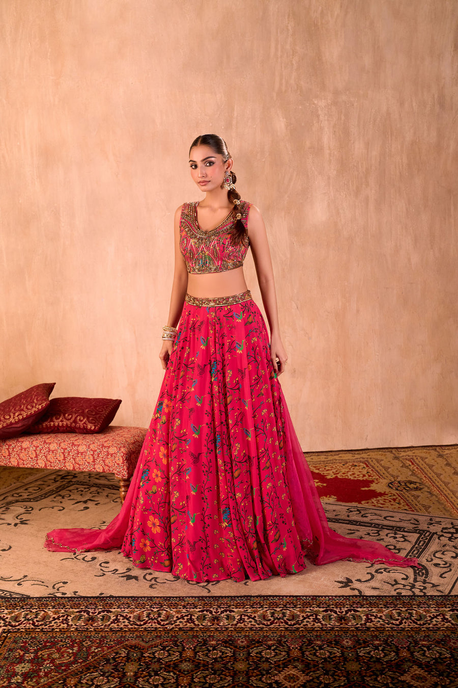 Pink Print Embroidered Choli, Lehenga And Dupatta Set