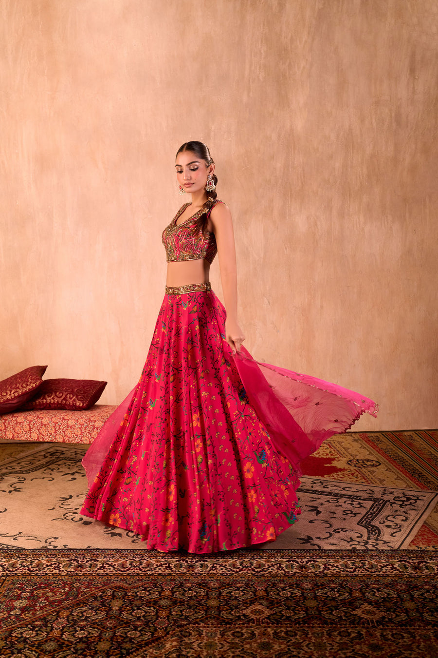 Pink Print Embroidered Choli, Lehenga And Dupatta Set