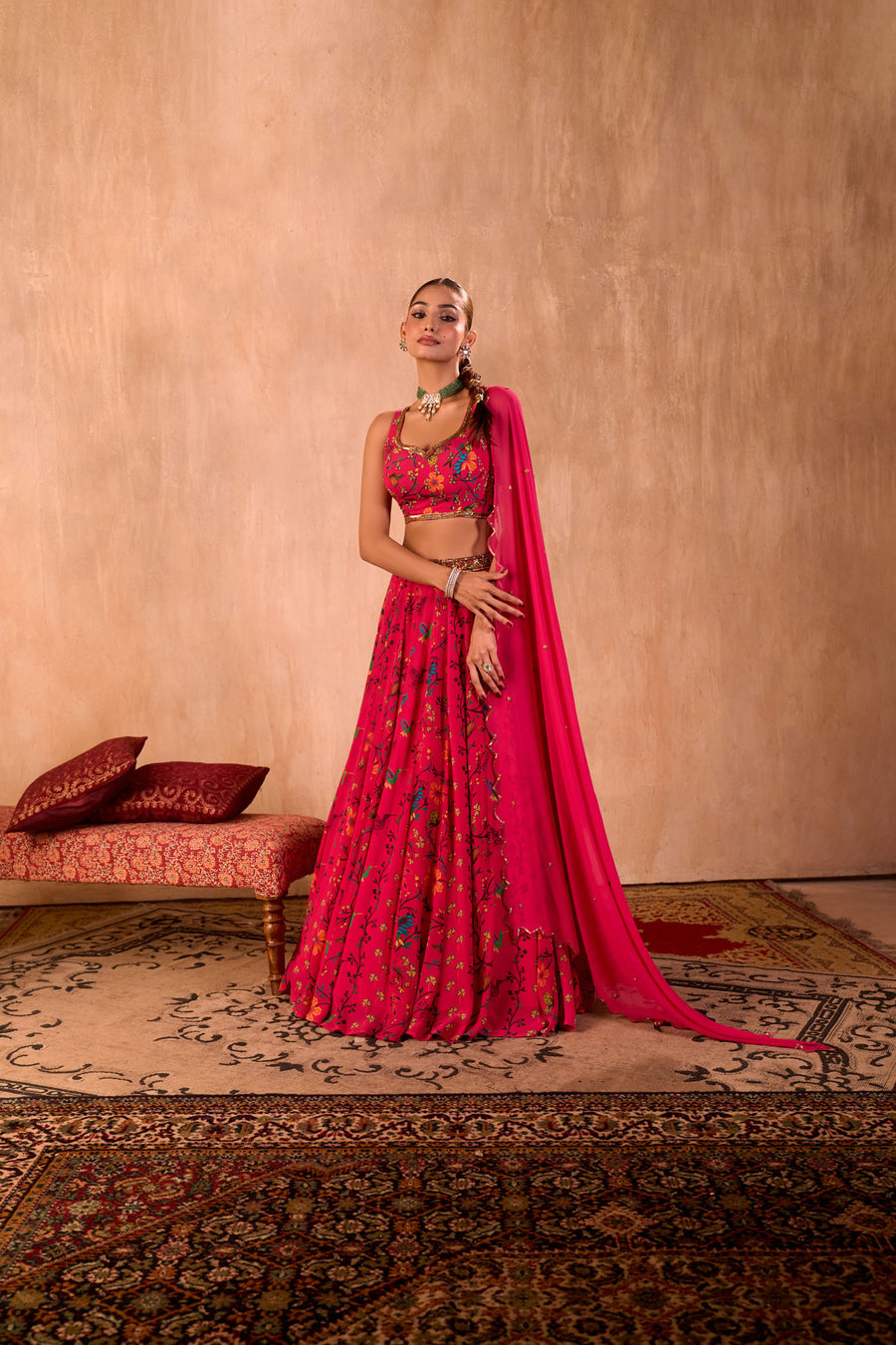 Pink Print Embroidered Choli, Lehenga And Dupatta Set