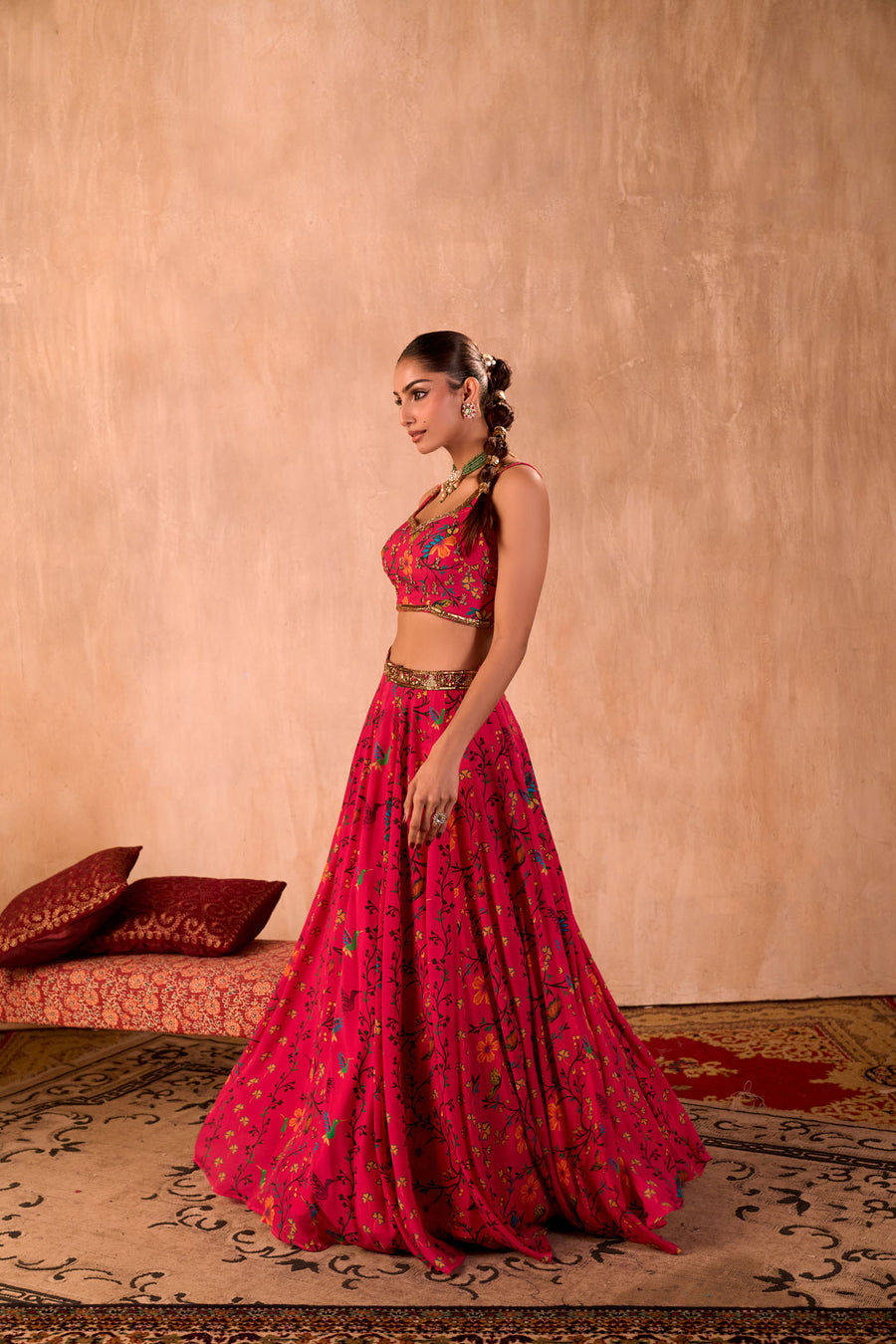 Pink Print Embroidered Choli, Lehenga And Dupatta Set