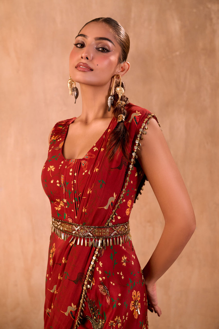 Red Print Embroidered Jumpsuit With Drape And Belt Set