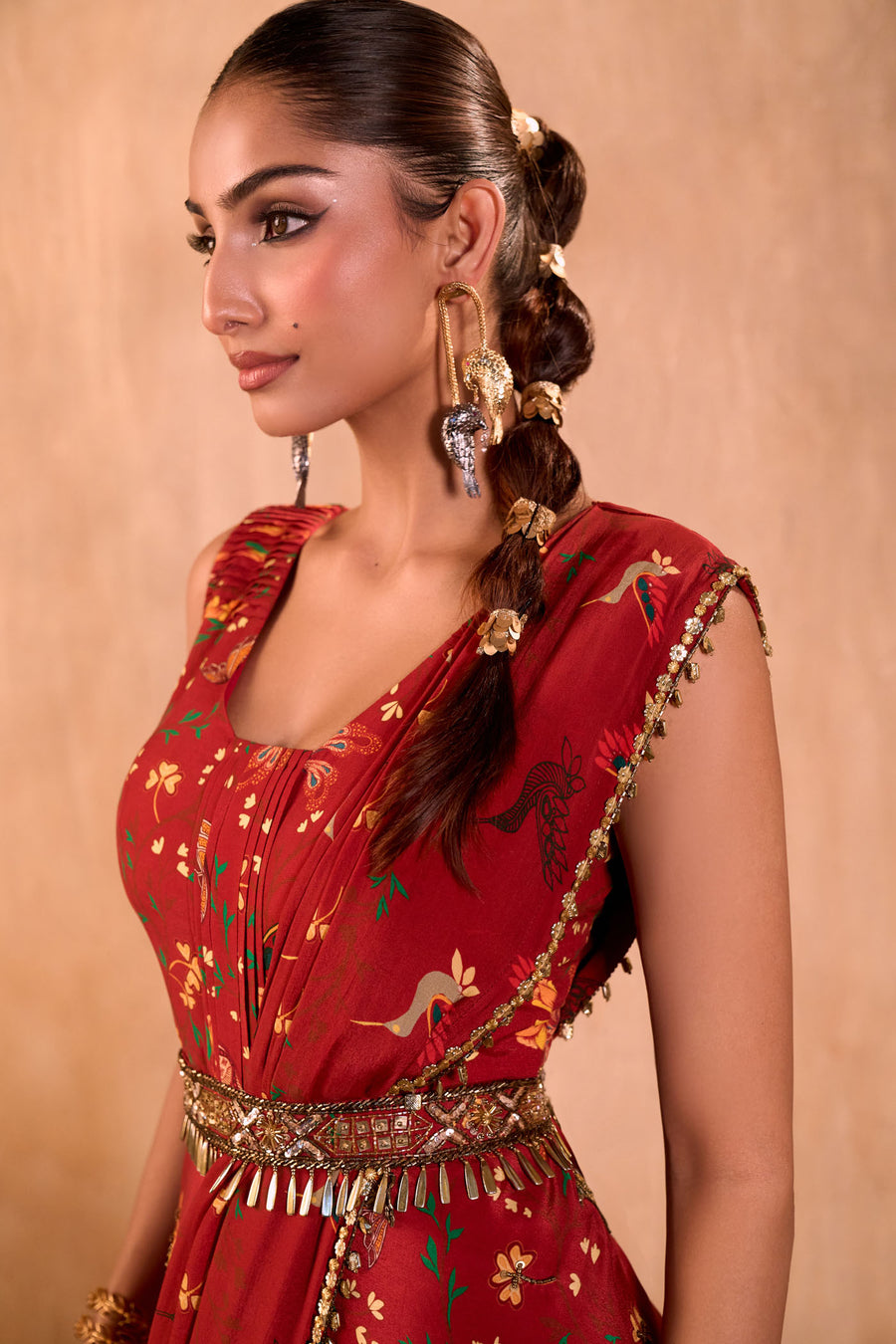 Red Print Embroidered Jumpsuit With Drape And Belt Set