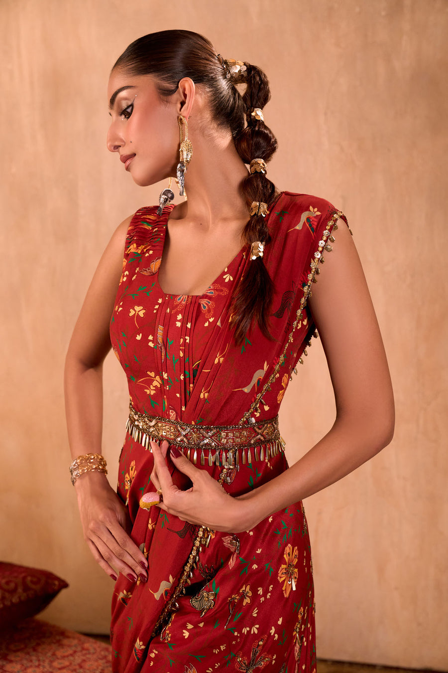 Red Print Embroidered Jumpsuit With Drape And Belt Set