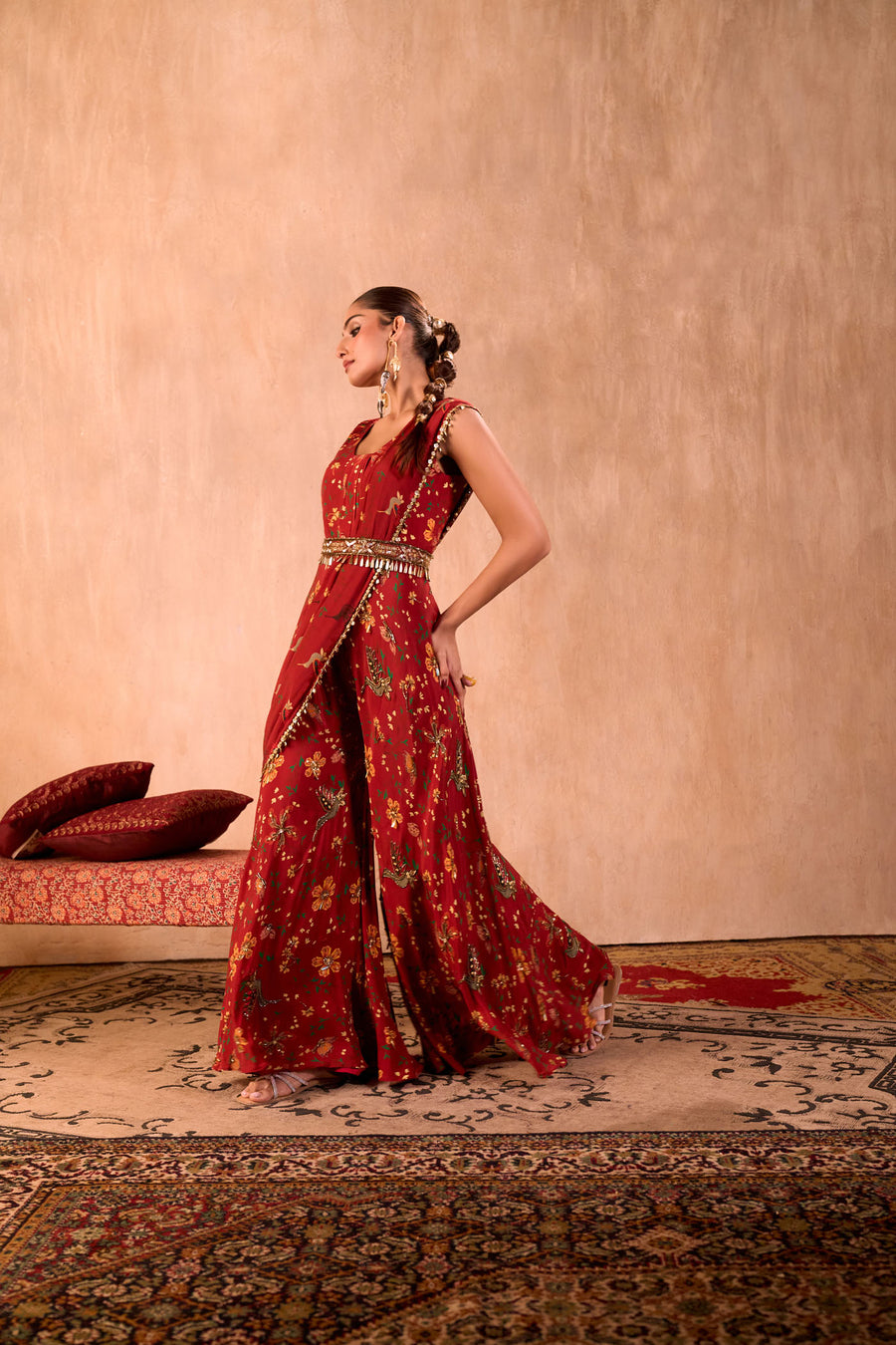 Red Print Embroidered Jumpsuit With Drape And Belt Set