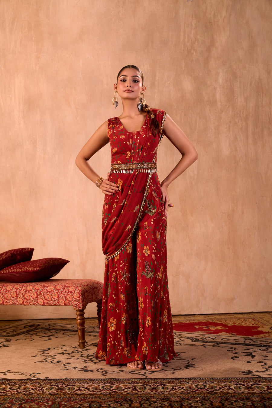 Red Print Embroidered Jumpsuit With Drape And Belt Set