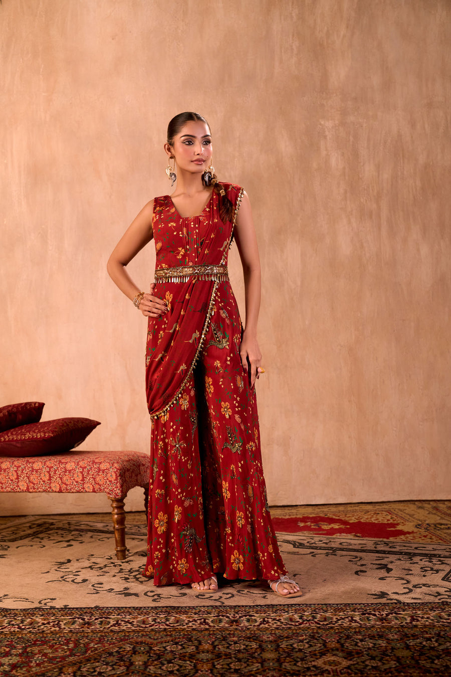 Red Print Embroidered Jumpsuit With Drape And Belt Set
