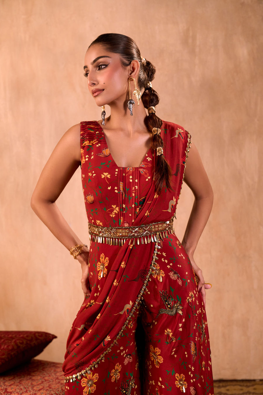 Red Print Embroidered Jumpsuit With Drape And Belt Set