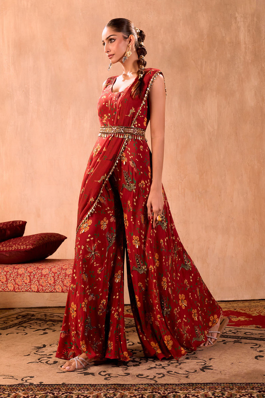 Red Print Embroidered Jumpsuit With Drape And Belt Set