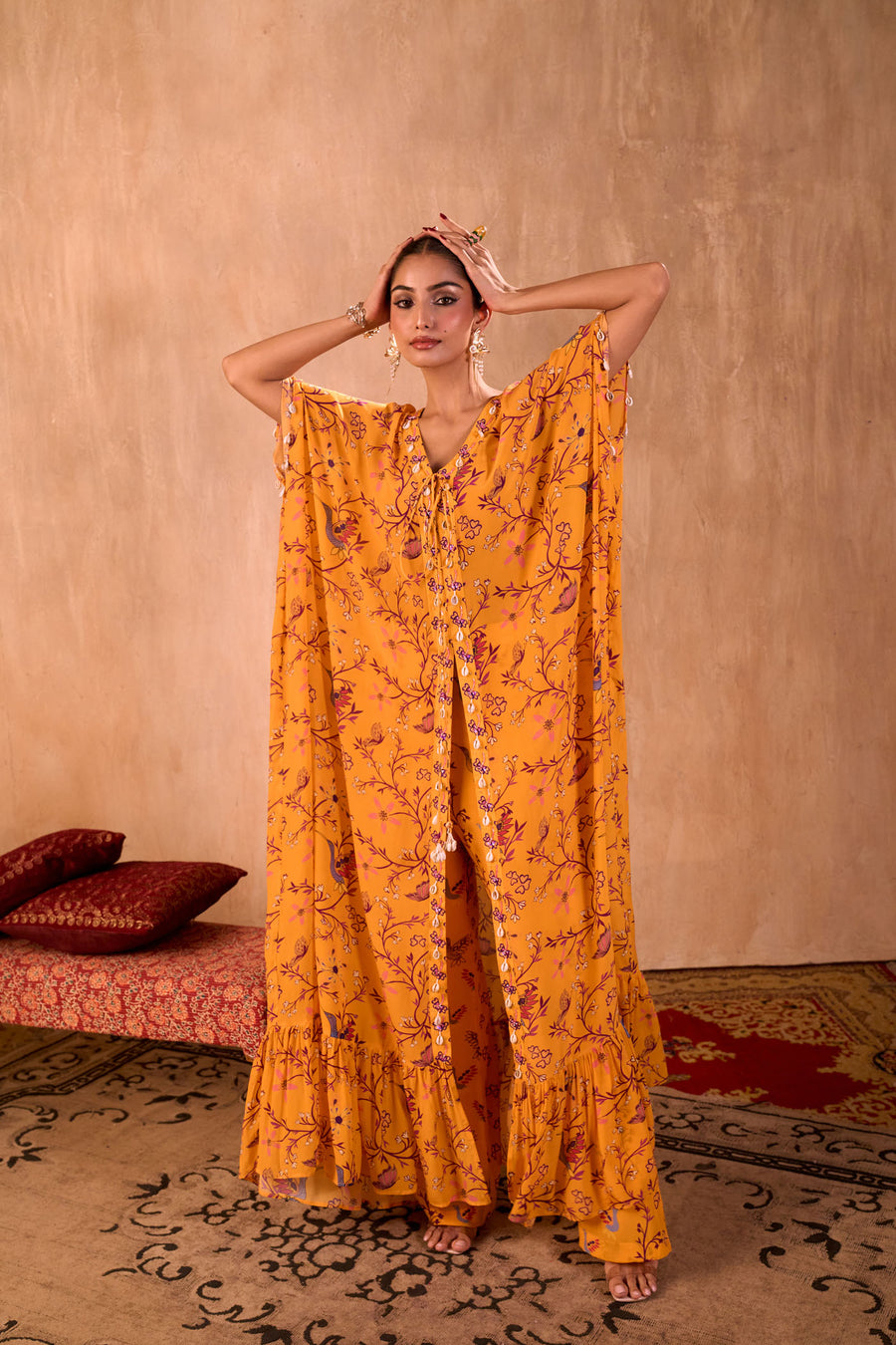 Yellow Print Embroidered Long Kaftan With Pants Set
