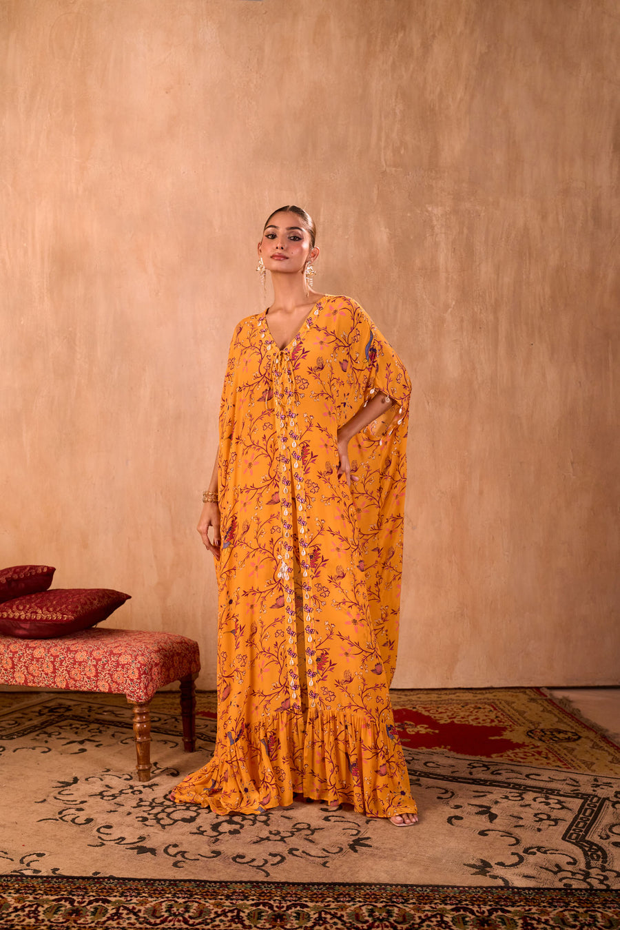 Yellow Print Embroidered Long Kaftan With Pants Set