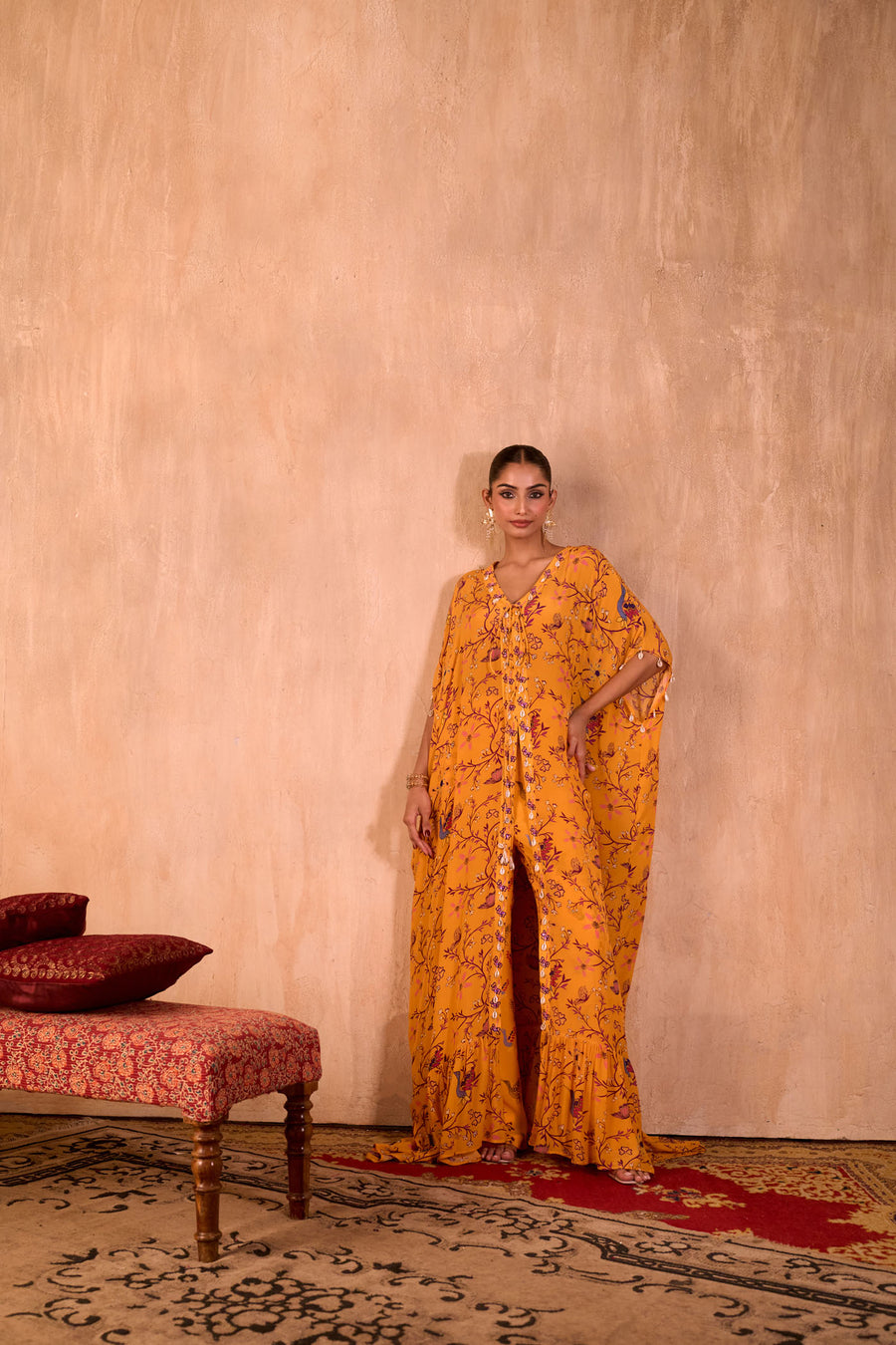 Yellow Print Embroidered Long Kaftan With Pants Set