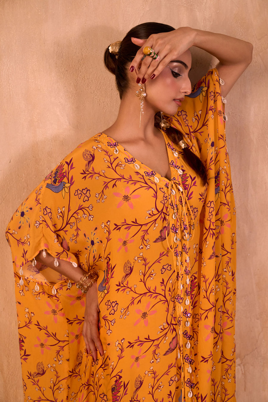 Yellow Print Embroidered Long Kaftan With Pants Set