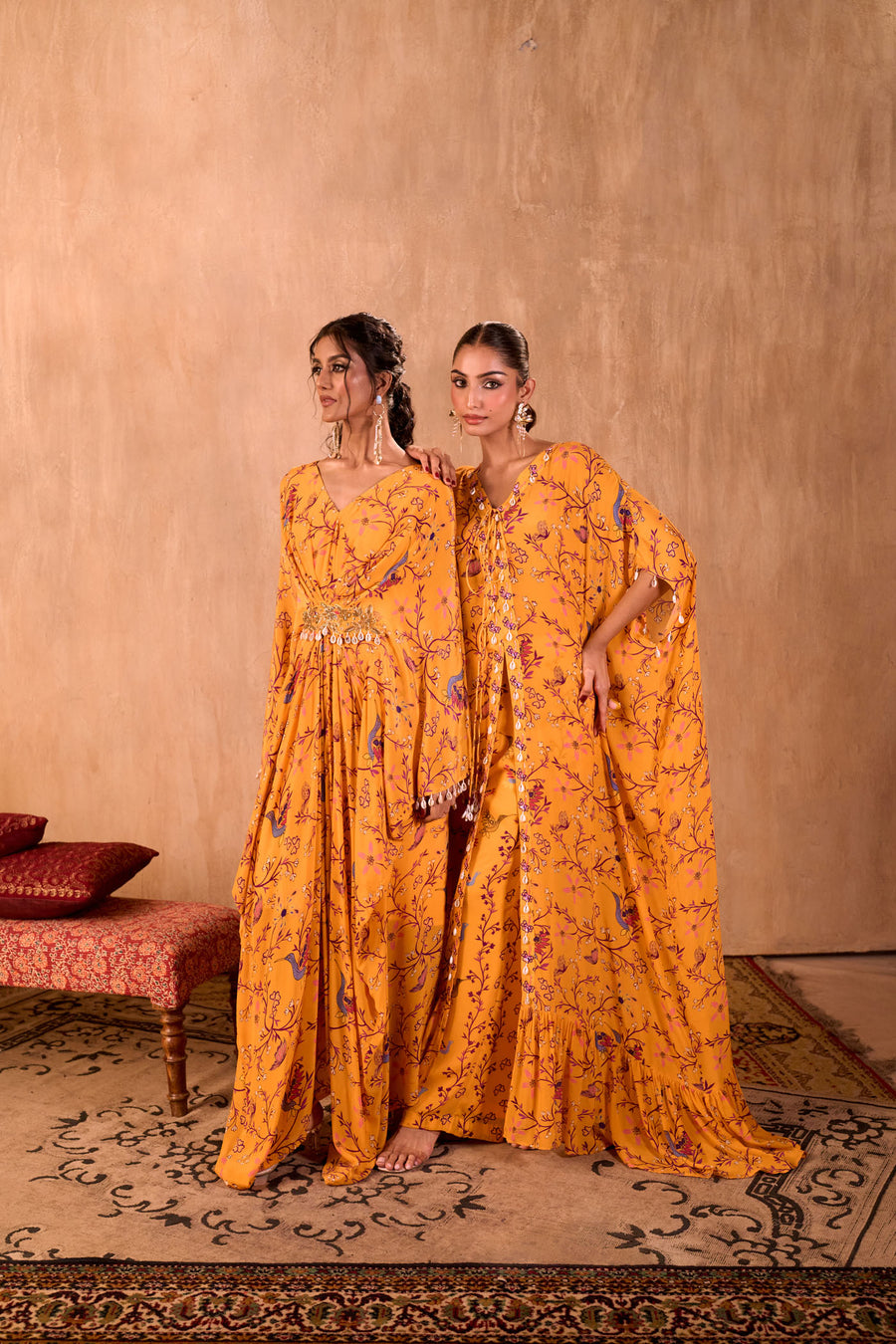 Yellow Print Embroidered Long Kaftan With Pants Set