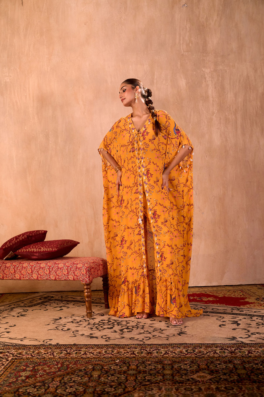Yellow Print Embroidered Long Kaftan With Pants Set