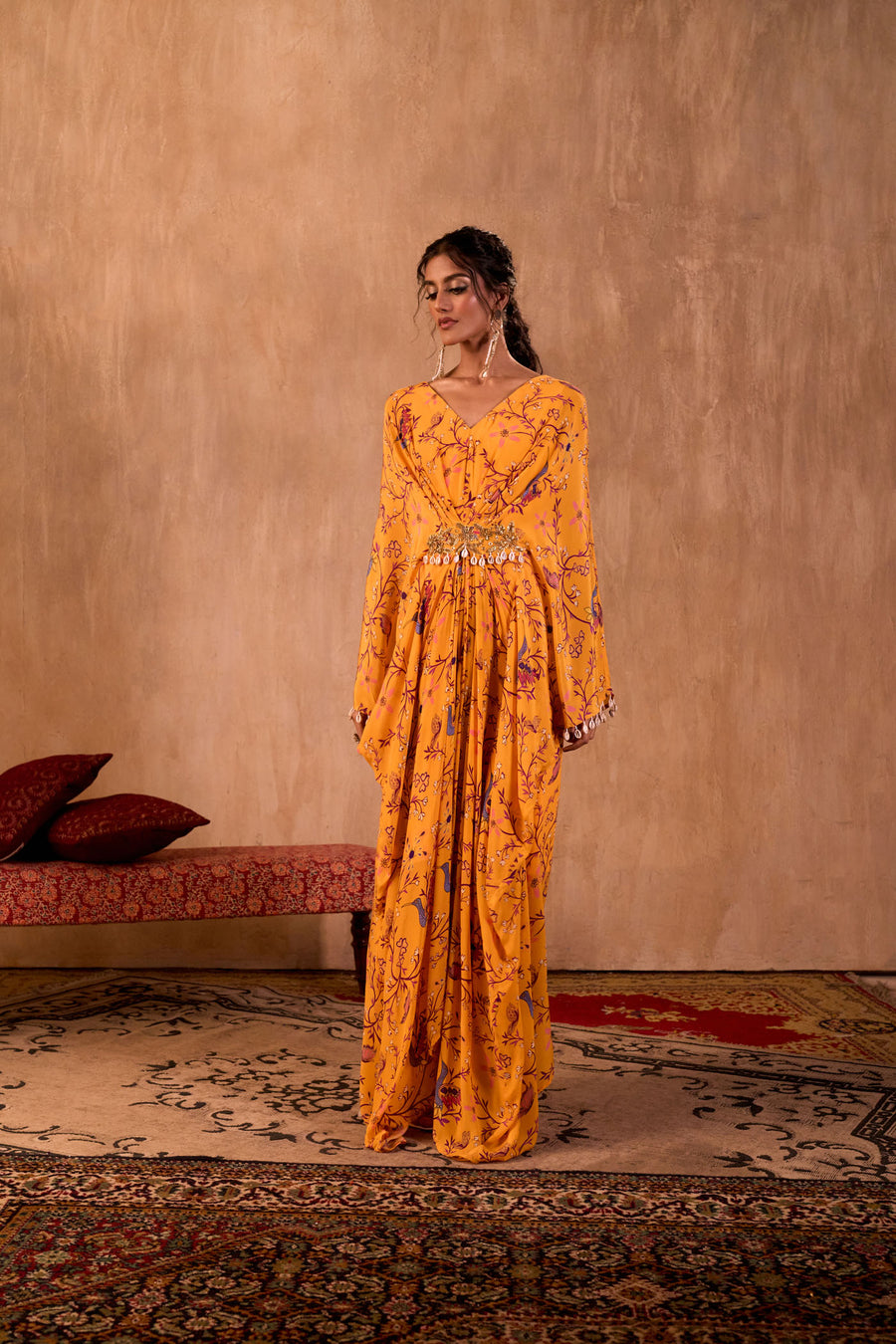 Yellow Print Draped Kaftan