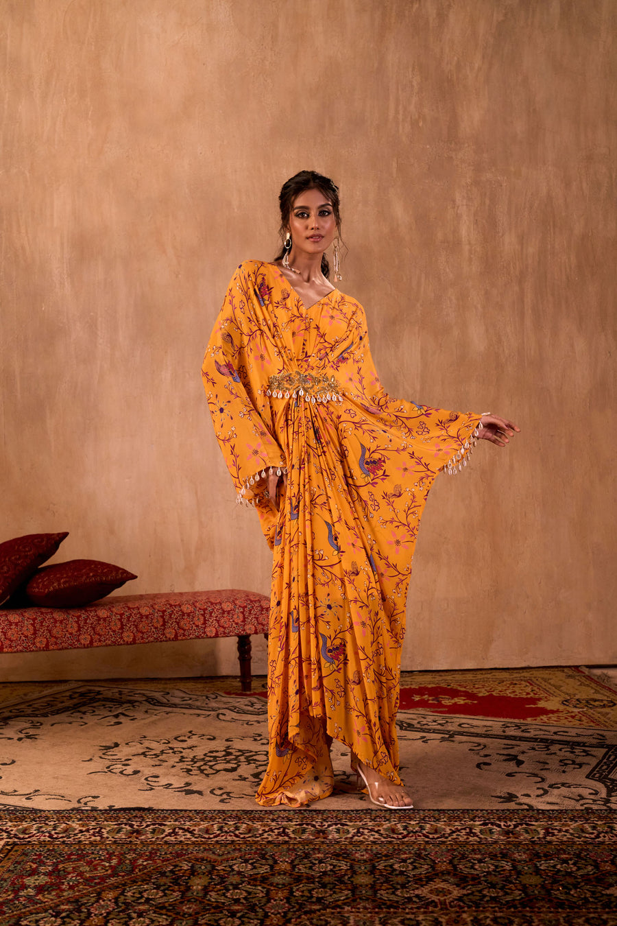 Yellow Print Draped Kaftan