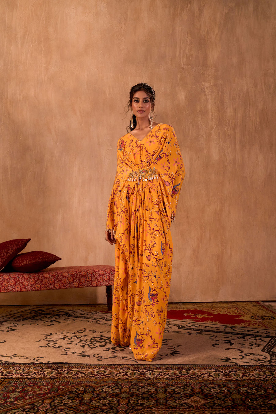 Yellow Print Draped Kaftan