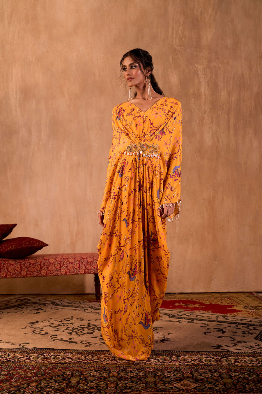 Yellow Print Draped Kaftan