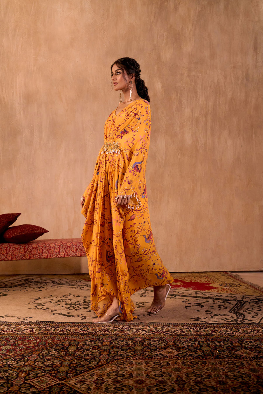 Yellow Print Draped Kaftan
