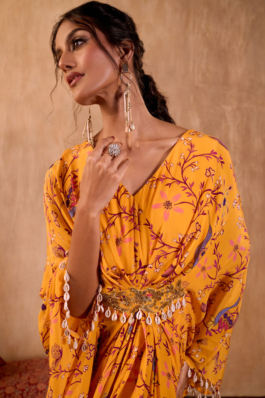 Yellow Print Draped Kaftan