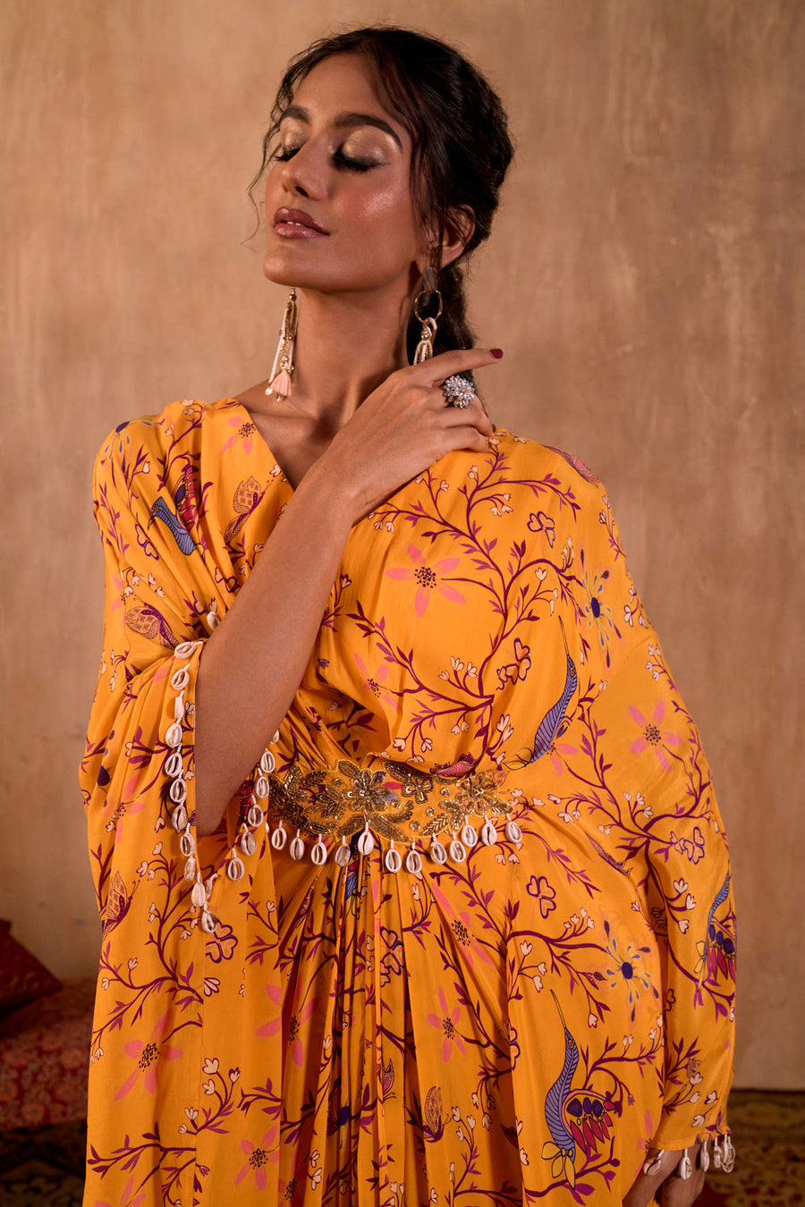 Yellow Print Draped Kaftan