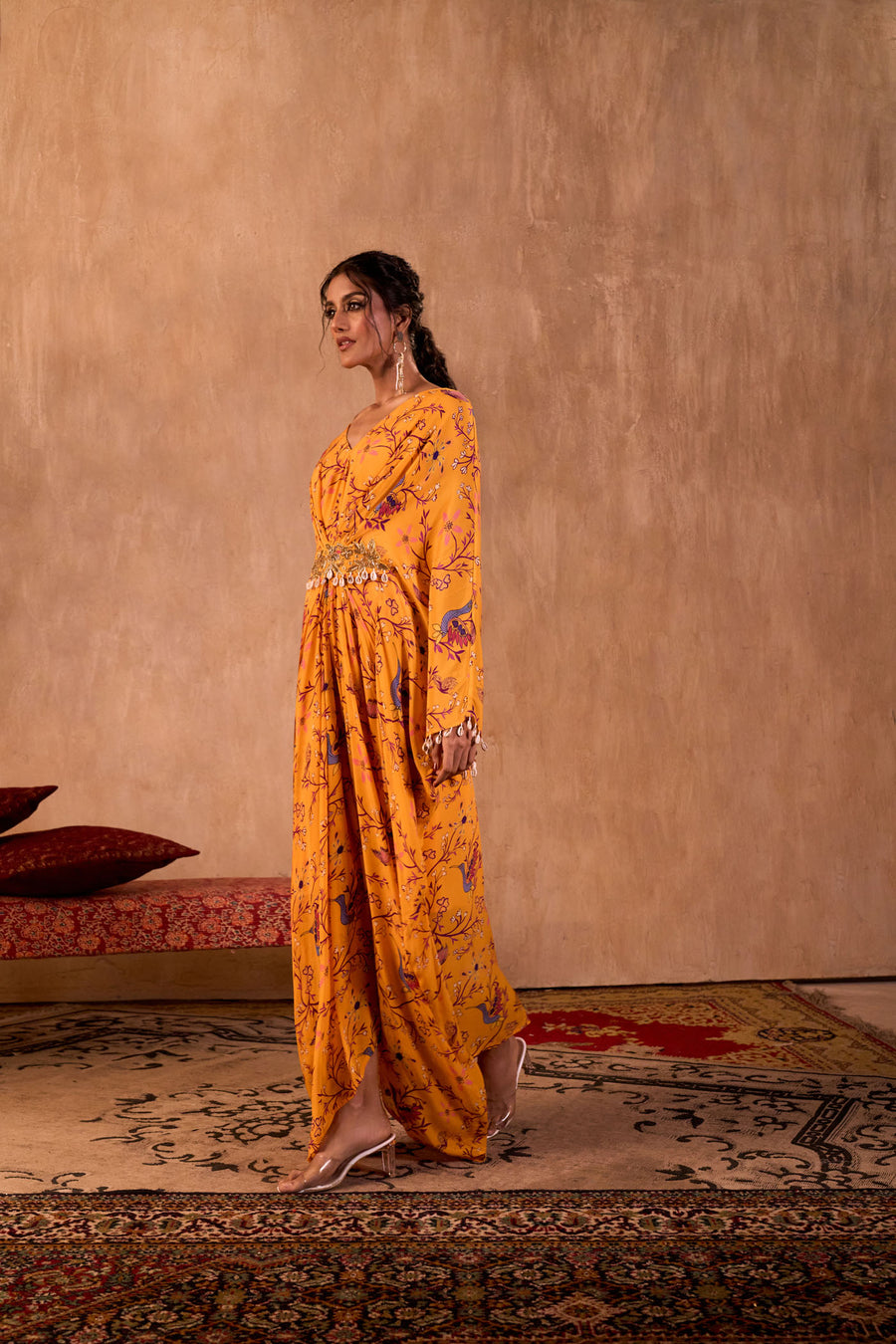 Yellow Print Draped Kaftan