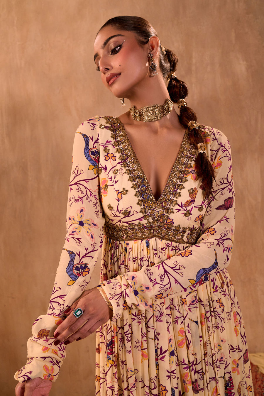 Ivory Print Embroidered Anarkali And Dupatta Set