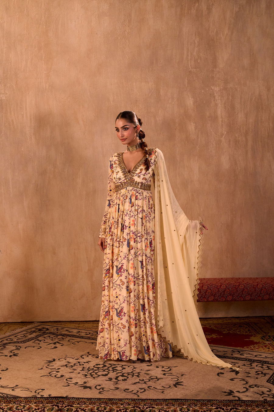 Ivory Print Embroidered Anarkali And Dupatta Set