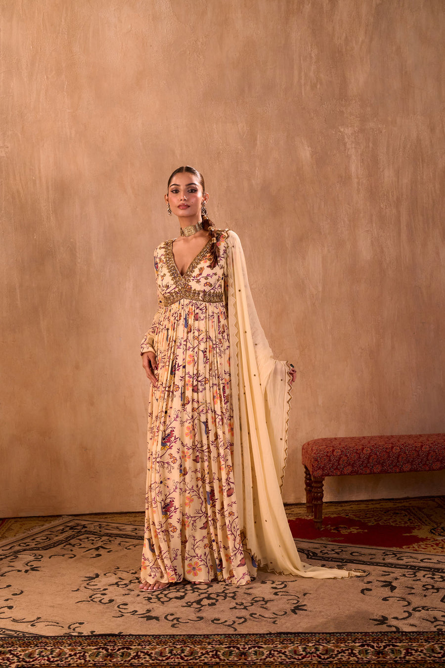 Ivory Print Embroidered Anarkali And Dupatta Set