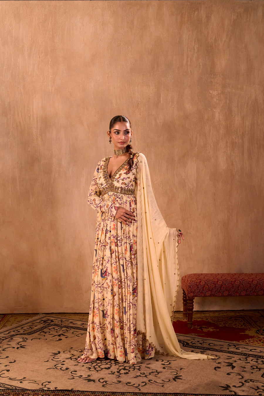 Ivory Print Embroidered Anarkali And Dupatta Set