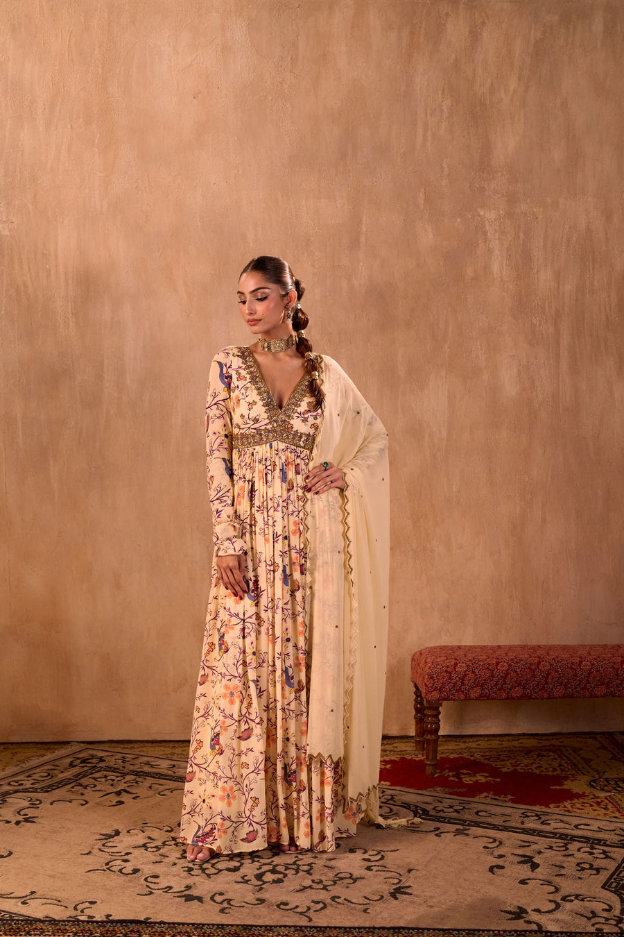 Ivory Print Embroidered Anarkali And Dupatta Set