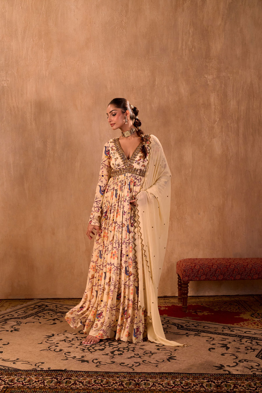 Ivory Print Embroidered Anarkali And Dupatta Set