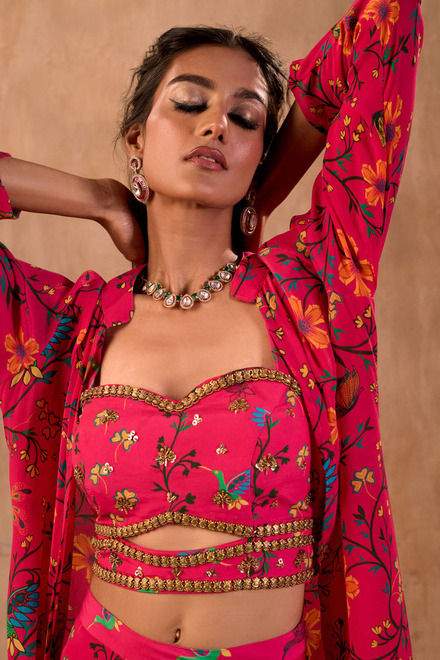 Pink Print Embroidered Choli, Pants And Jacket Set