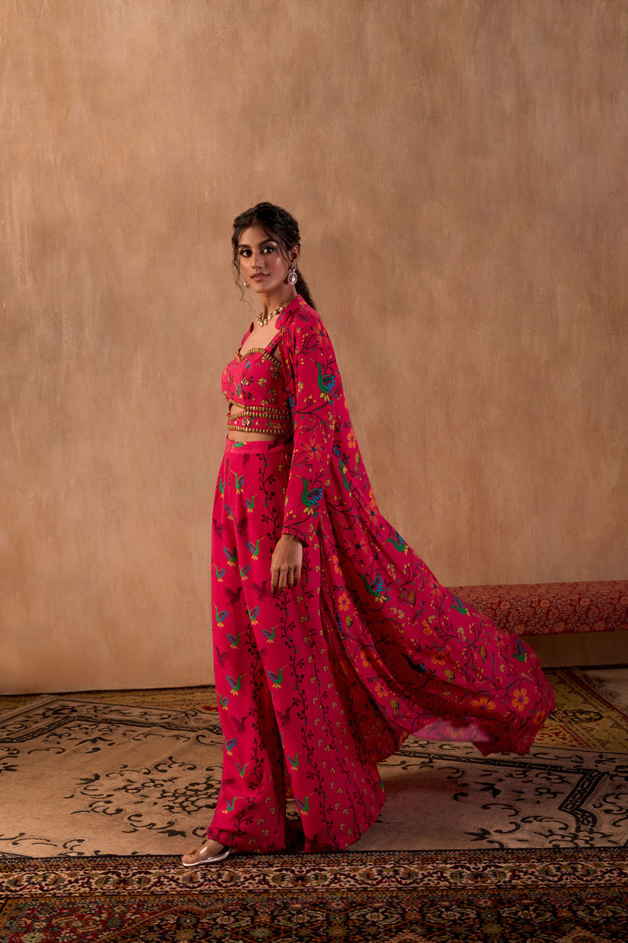 Pink Print Embroidered Choli, Pants And Jacket Set