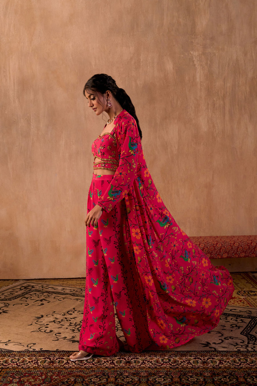 Pink Print Embroidered Choli, Pants And Jacket Set