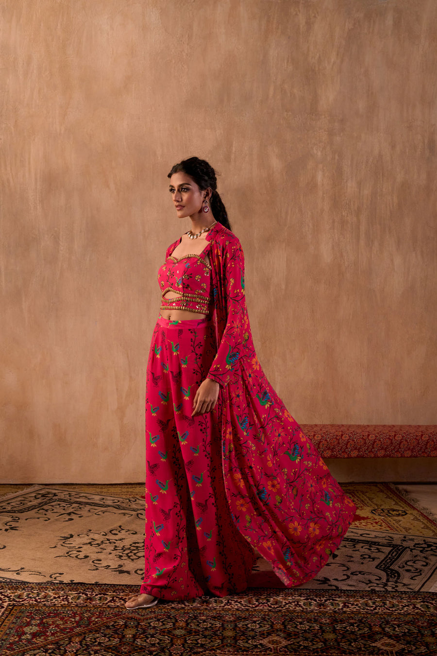 Pink Print Embroidered Choli, Pants And Jacket Set