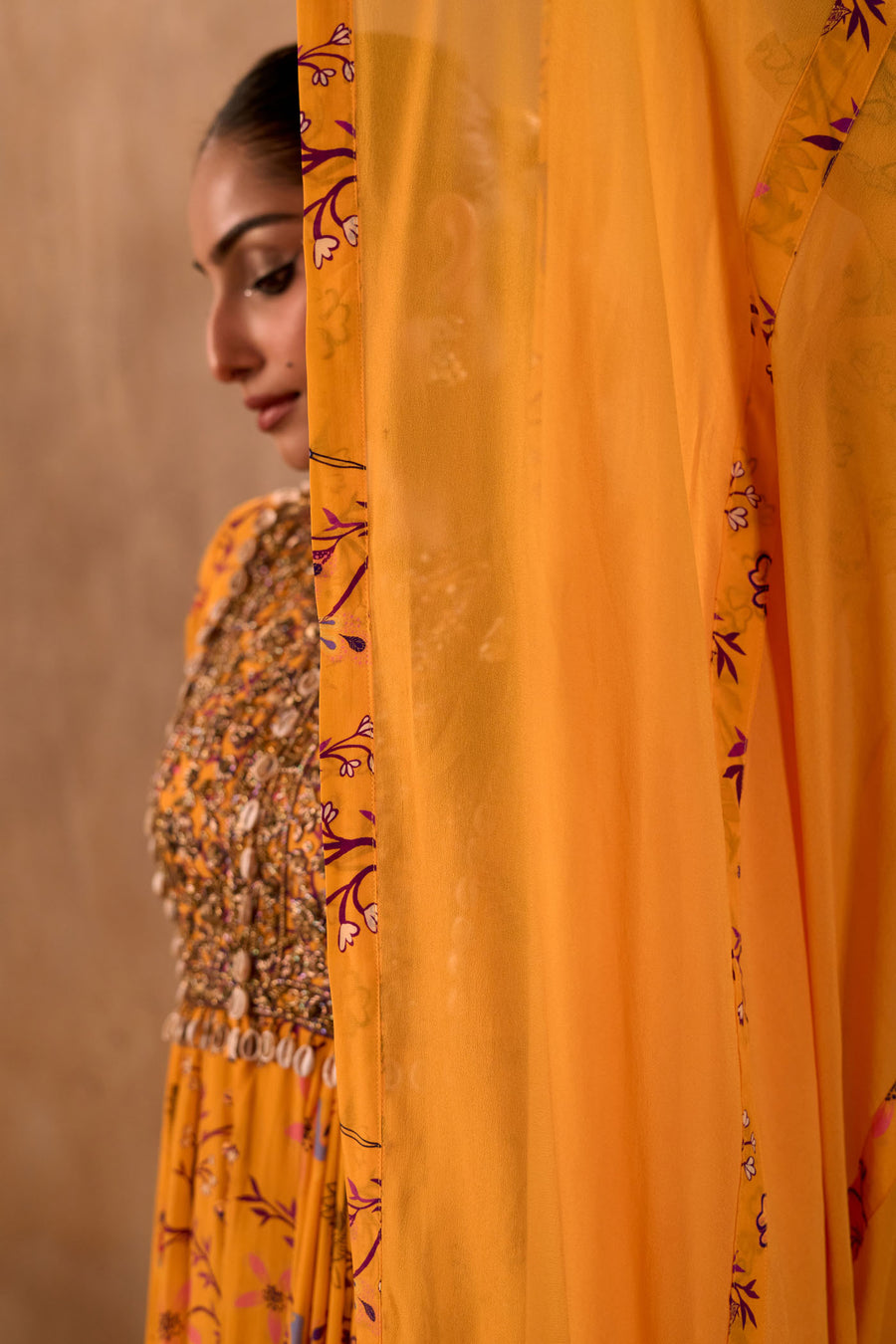 Yellow Print Embroidered Anarkali And Dupatta Set