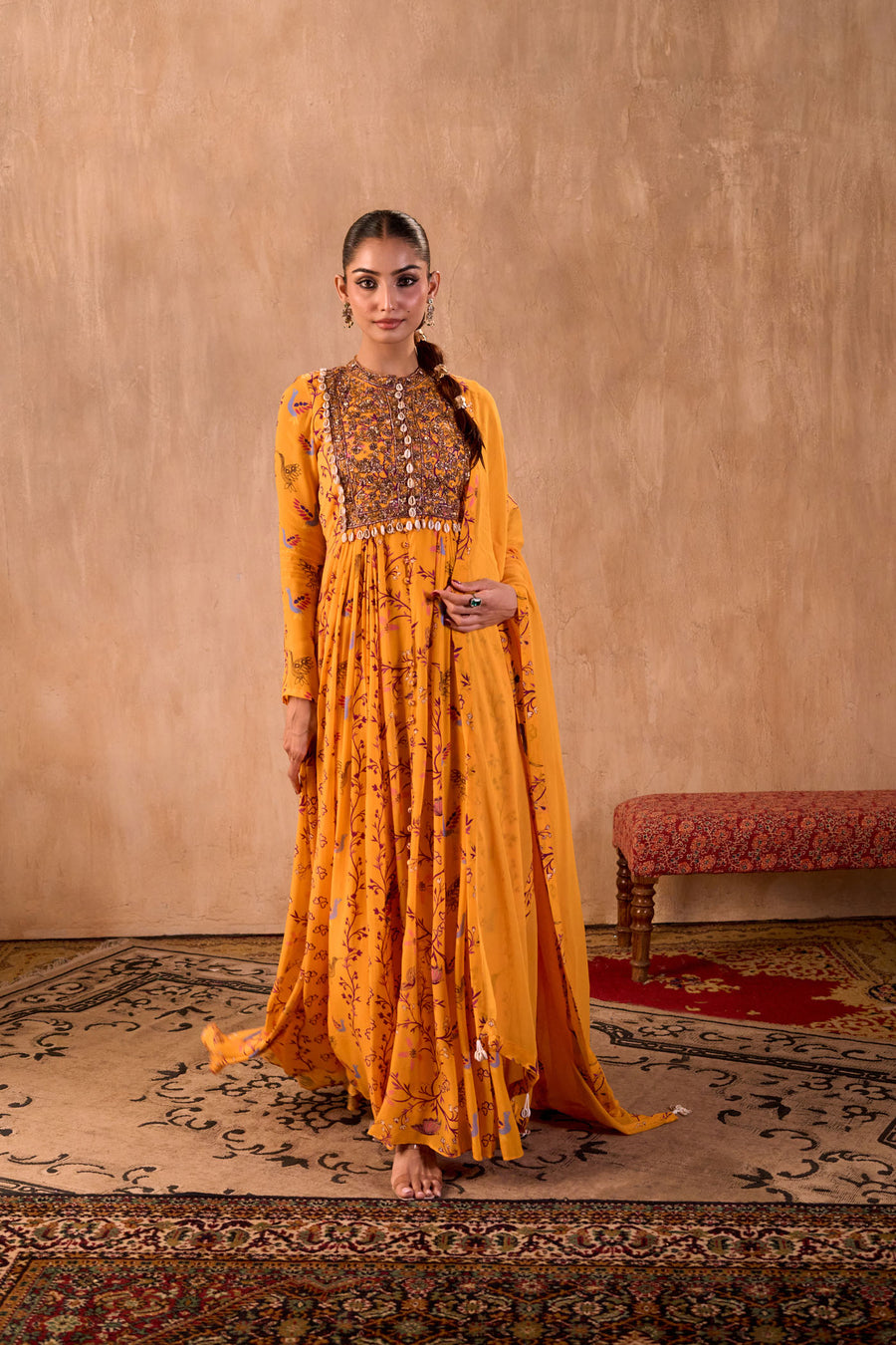 Yellow Print Embroidered Anarkali And Dupatta Set