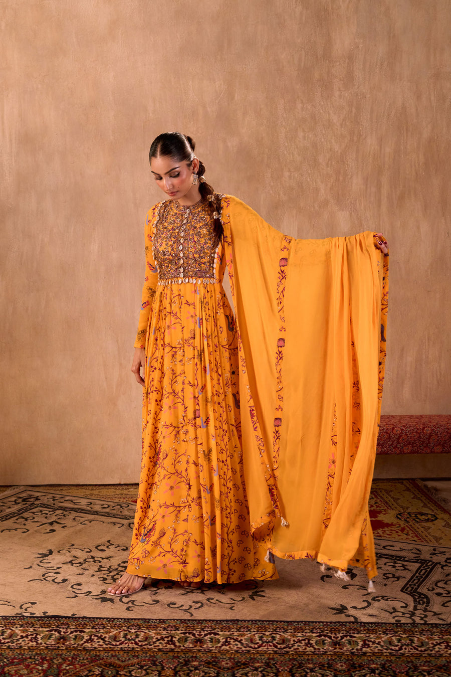 Yellow Print Embroidered Anarkali And Dupatta Set