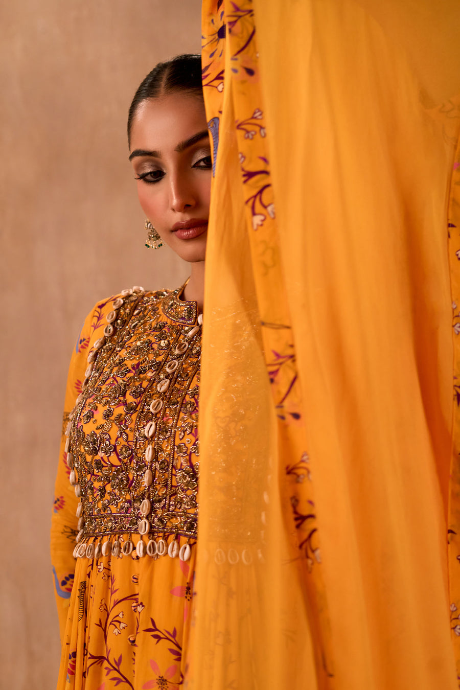 Yellow Print Embroidered Anarkali And Dupatta Set