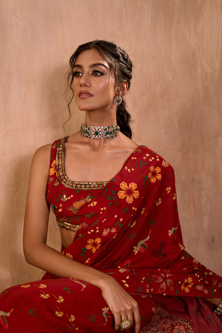 Red Print Embroidered Choli With Pre-Draped Sari Set
