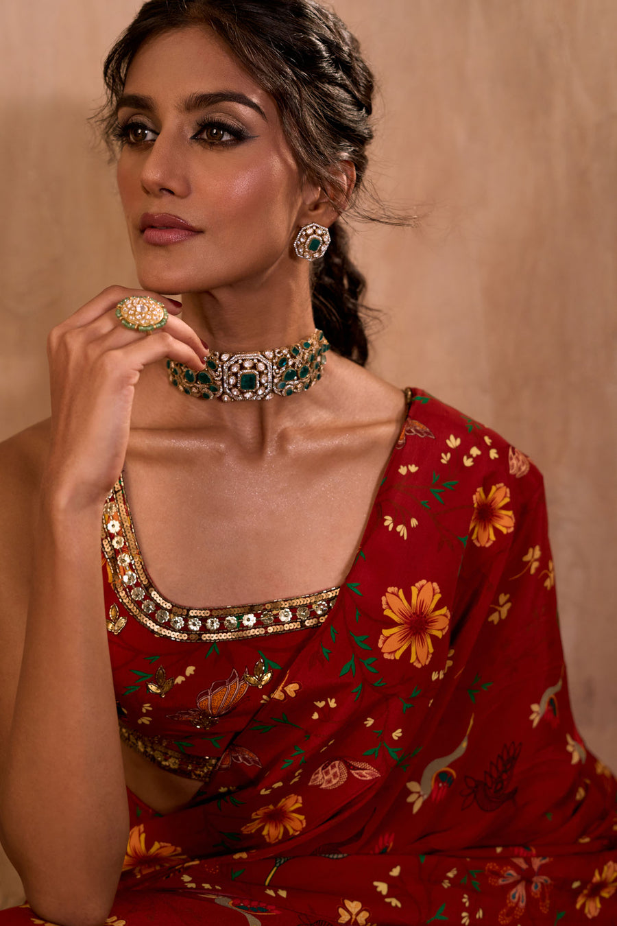 Red Print Embroidered Choli With Pre-Draped Sari Set