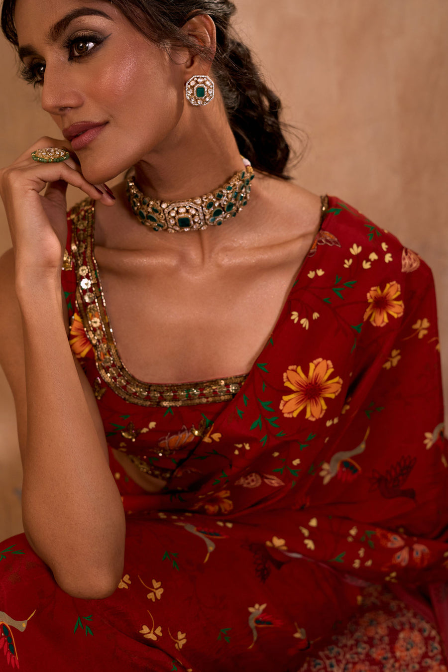 Red Print Embroidered Choli With Pre-Draped Sari Set