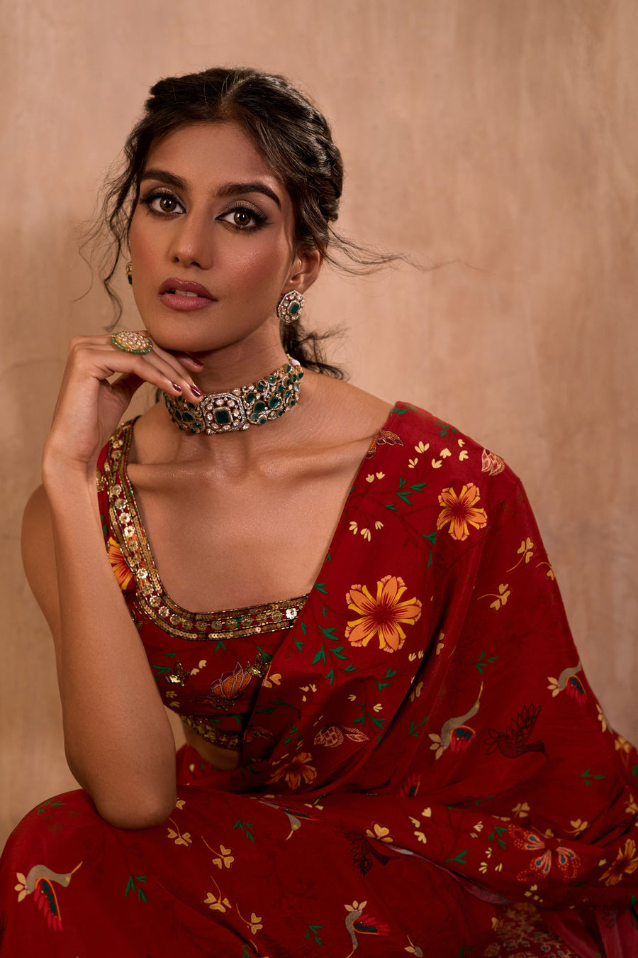 Red Print Embroidered Choli With Pre-Draped Sari Set